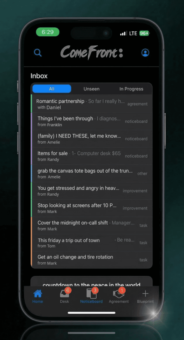 ComeFront inbox on iPhone